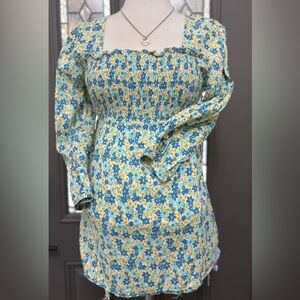 Two Hearts Maternity Floral Smocked Blouse - Blue and Yellow